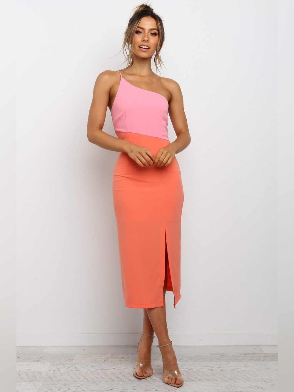 Petal & Pup One-Shoulder Pink and Coral Midi Dress